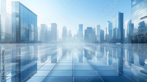 Minimalist Business District: Prosperous Financial Center with Tiled Buildings and Semi-Transparent Reflections