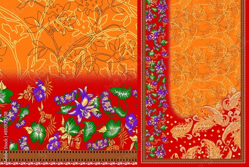 multi abstract pattern sari design, geometrical textile saree in colorful Flower design.