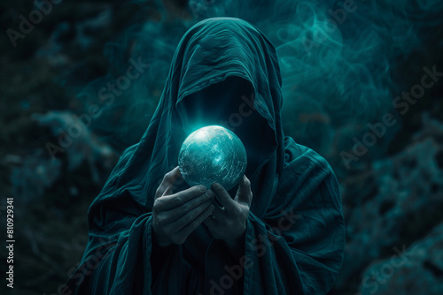 A mystical figure cloaked in darkness holding a luminescent orb photo