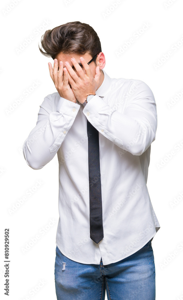 Young business man wearing glasses over isolated background with sad expression covering face with hands while crying. Depression concept. Young business man wearing glasses over isolated background with sad expression covering face with hands while crying. Depression concept.