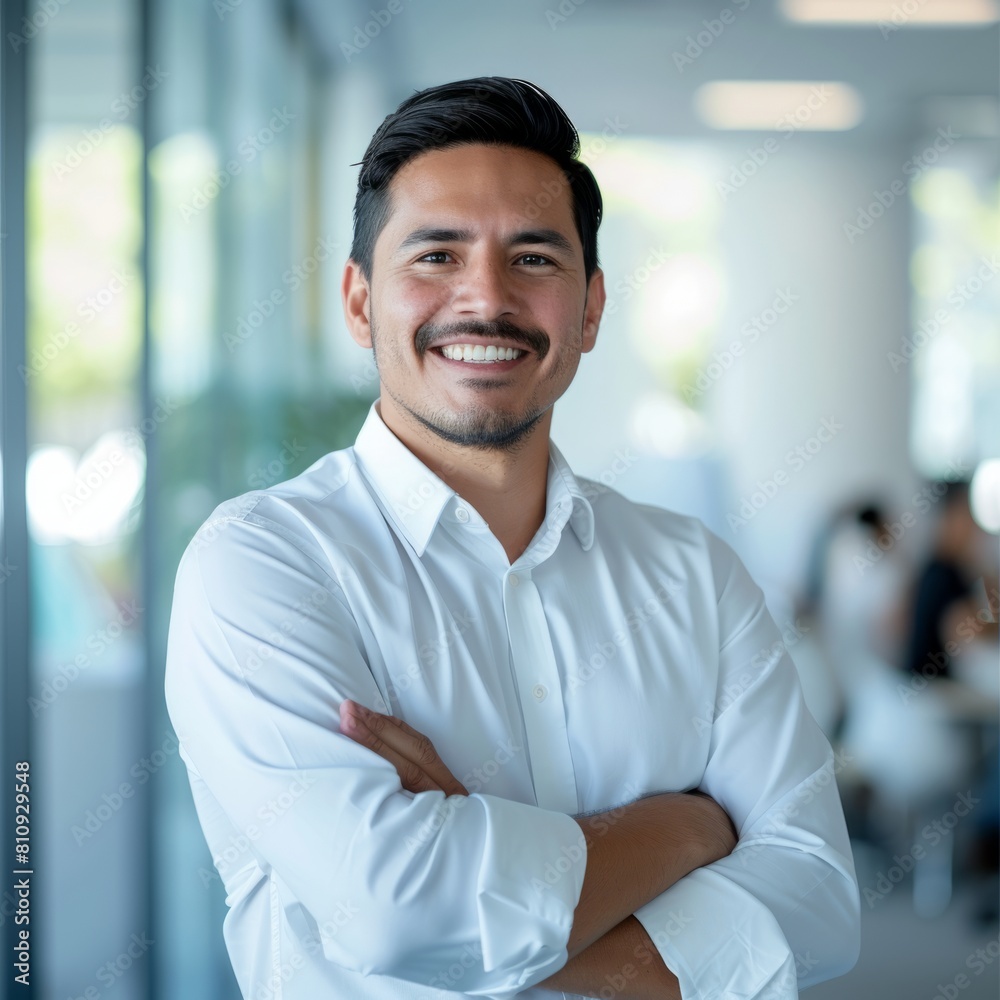 Portrait of a Hispanic male businessman 25-35 years in a suit against the background of an office Portrait of a Hispanic male businessman 25-35 years in a suit against the background of an office