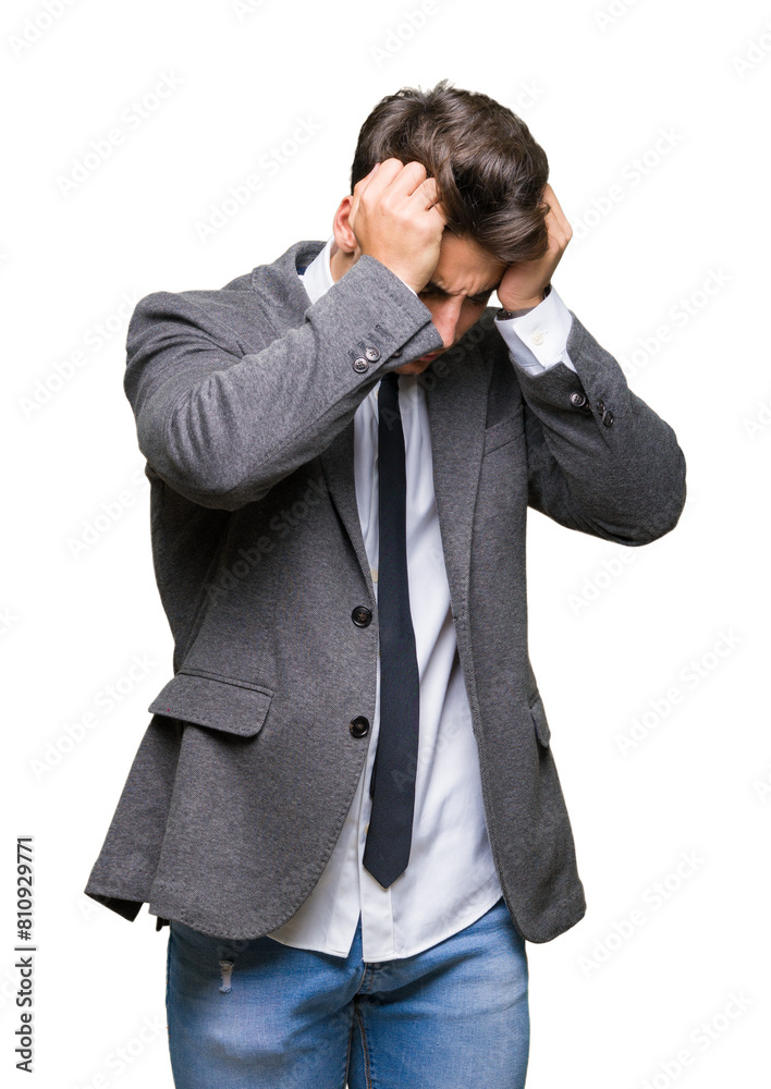Young business man wearing suit and tie over isolated background suffering from headache desperate and stressed because pain and migraine. Hands on head. Young business man wearing suit and tie over isolated background suffering from headache desperate and stressed because pain and migraine. Hands on head.