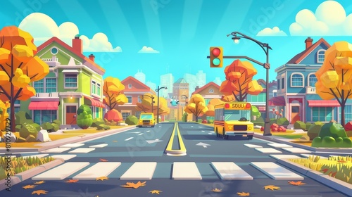 A school bus drives a suburban street with a crosswalk in the middle  traffic lights and pedestrian sidewalks  private houses  and trees during the autumn season. Cartoon country cityscape with