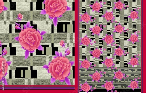 multi abstract pattern sari design, geometrical textile saree in colorful Flower design.