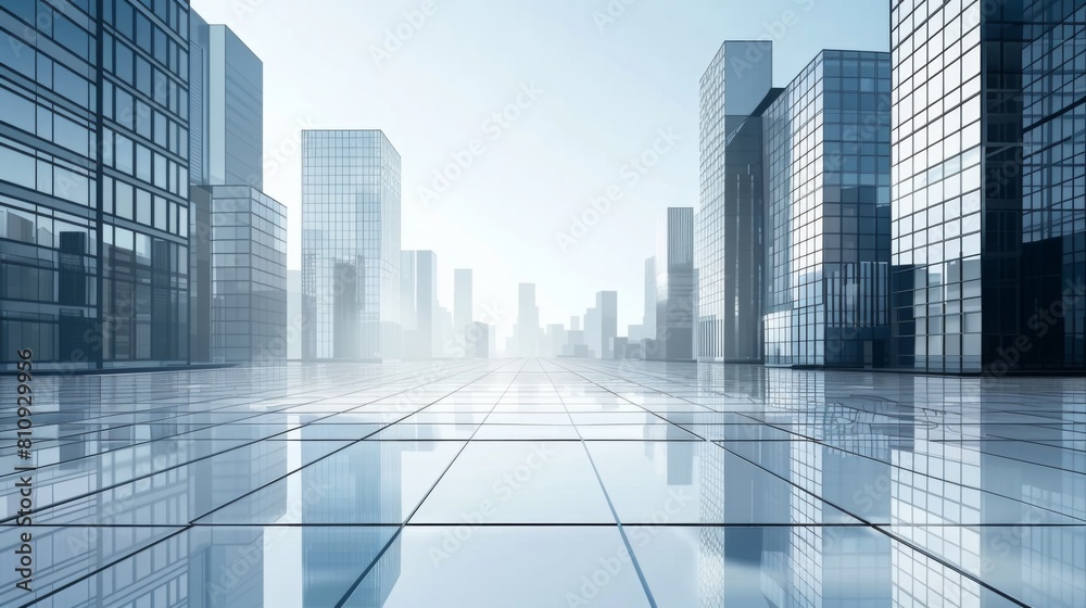 Minimalist Business District: Prosperous Financial Center with Tiled Buildings and Semi-Transparent Reflections Minimalist Business District: Prosperous Financial Center with Tiled Buildings and Semi-Transparent Reflections