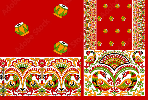 multi abstract pattern sari design, geometrical textile saree in colorful Flower design.