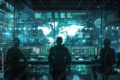 A network security team in a high-tech control room monitoring screens for potential cyber threats, with graphical representations of network protection and firewalls The scene depicts the proa photo