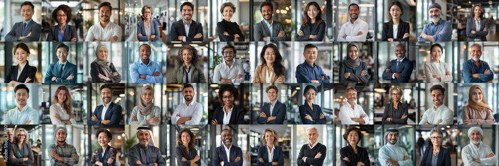 Collage mosaic of photos of businessmen men and women of different races and ages, active business people, banner Collage mosaic of photos of businessmen men and women of different races and ages, active business people, banner