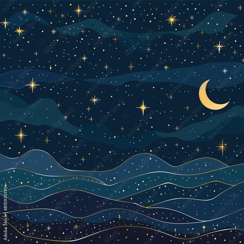 starry night sky flat design side view celestial wonders theme cartoon drawing Analogous Color Scheme