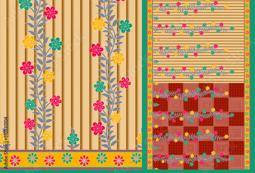 multi abstract pattern sari design, geometrical textile saree in colorful Flower design.