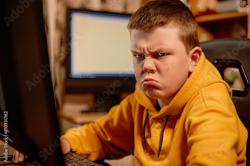 emotional angry nervous child sitting near the computer