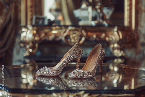 A pair of designer girls shoes placed on a table surrounded by a reflection of a wealthy lifestyle