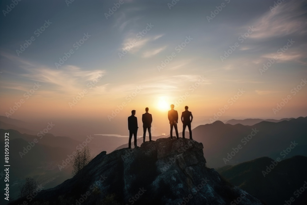 A group of individuals standing on the summit of a towering mountain, admiring the vast panoramic view below A group of individuals standing on the summit of a towering mountain, admiring the vast panoramic view below