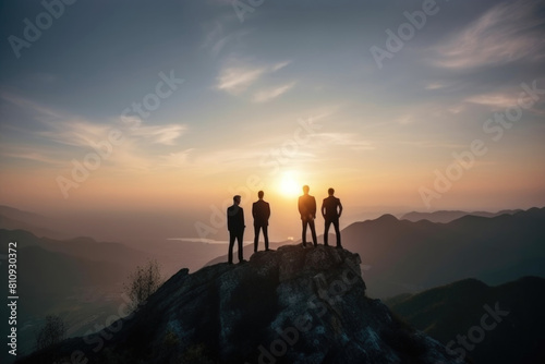 A group of individuals standing on the summit of a towering mountain, admiring the vast panoramic view below