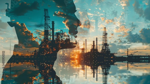 The image shows a double exposure of an industrial landscape with an oil refinery and a man wearing a hard hat.