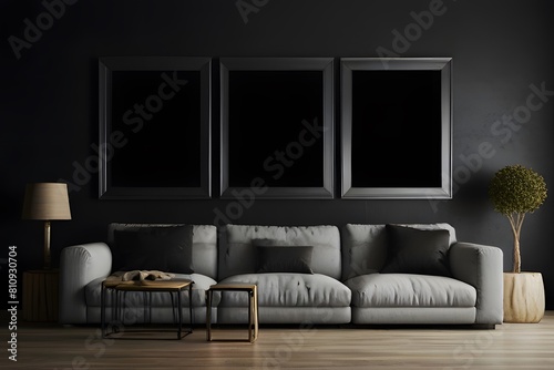 3 blank wall art mockup, close-up, vertical blank mockup black wall theme