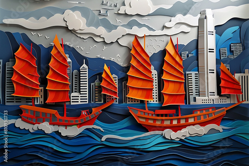 A paper cut masterpiece of Hong Kongs traditional junks against the modern cityscape a contrast in harmony