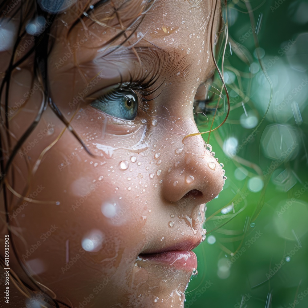 The little girls nose pressed against the cold window, raindrops streaming down her forehead, soaking her cheek. Her lips parted in awe as water trickled down the glass AIG50