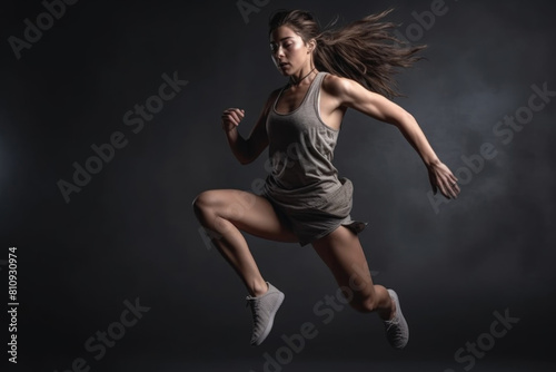 A woman running in the dark with her hair blowing in the wind