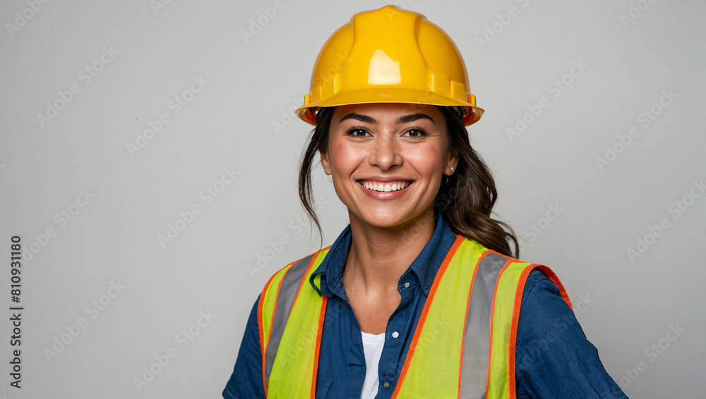 Portrait of a happy smiling construction worker wearing hard hat and vest on a clean white background