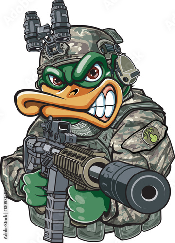 Cartoon style duck wearing military gear and holding assault rifle