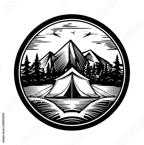 Logo de camping illustration en noir et blanc