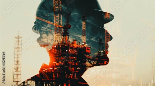 The image shows an engineer with an oil rig in the background.