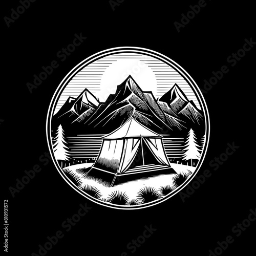 Logo de camping illustration en noir et blanc