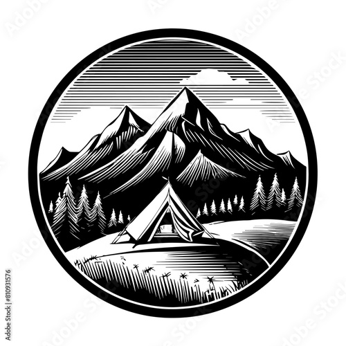 Logo de camping illustration en noir et blanc
