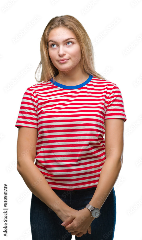 Young caucasian woman over isolated background smiling looking side and staring away thinking. Young caucasian woman over isolated background smiling looking side and staring away thinking.