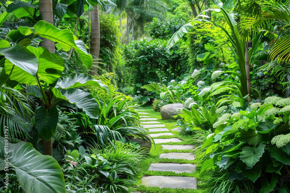 A peaceful garden filled with lush greenery A peaceful garden filled with lush greenery
