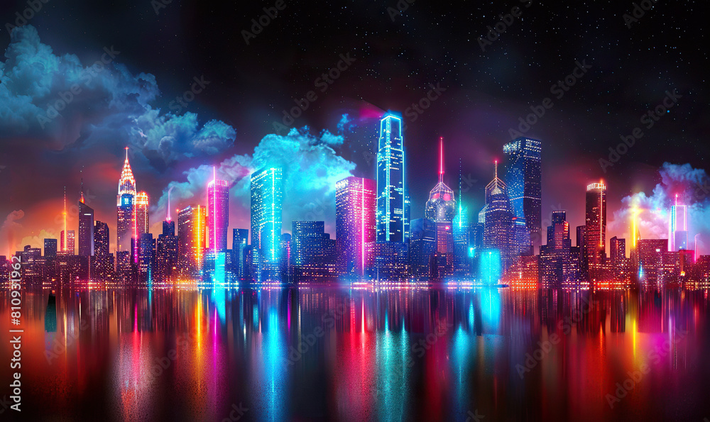 Futuristic City Skyline at Night, Generate Ai