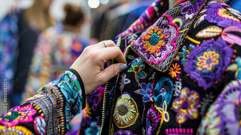 Close-up view of a persons hand resting on a vibrant and colorful jacket, showcasing the intricate details of the fabric and design
