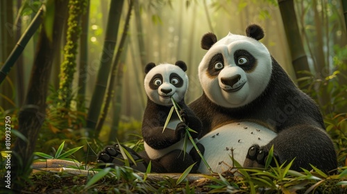 Giant panda and panda cub with bamboo