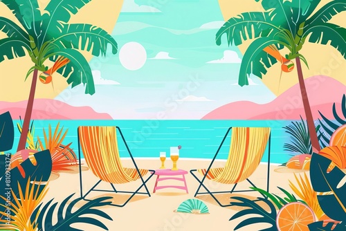Boho beach party flat design side view summer vibe theme cartoon drawing Splitcomplementary color scheme © Jeannaa