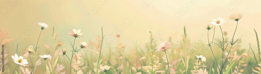 A field of wildflowers with a warm sunset glow in the background, providing space for text in the lower portion of the image