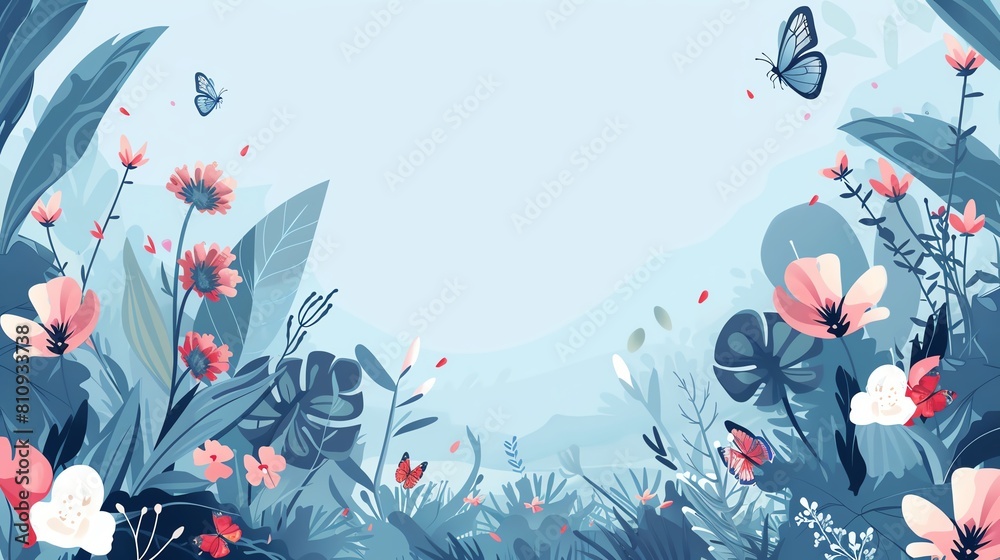 A garden scene with butterflies fluttering around various colorful flowers, leaving space for text on the grassy area A garden scene with butterflies fluttering around various colorful flowers, leaving space for text on the grassy area