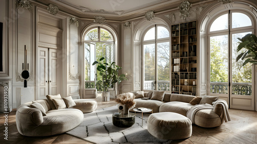 A living room in an old Parisian building with large windows  showcasing elegant French design elements like velvet sofas and modern decor