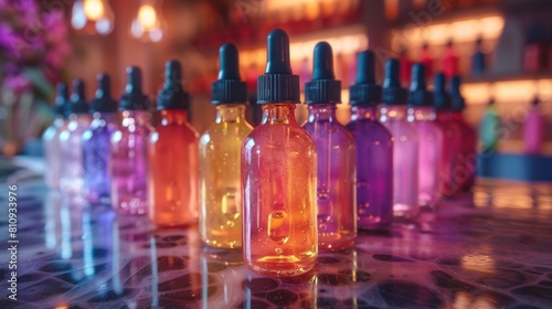 vibrantly hued cannabis oil bottles showcased, embodies alternative medicine with room for text, in a vibrant conceptual setting