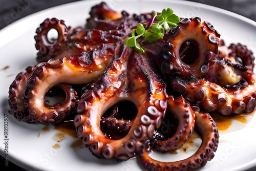 Octopus in cookery. background with copy space and selective focus An Octopus Relaxing in a Vegetable Bowl Octopus fried on a wooden table in the background 