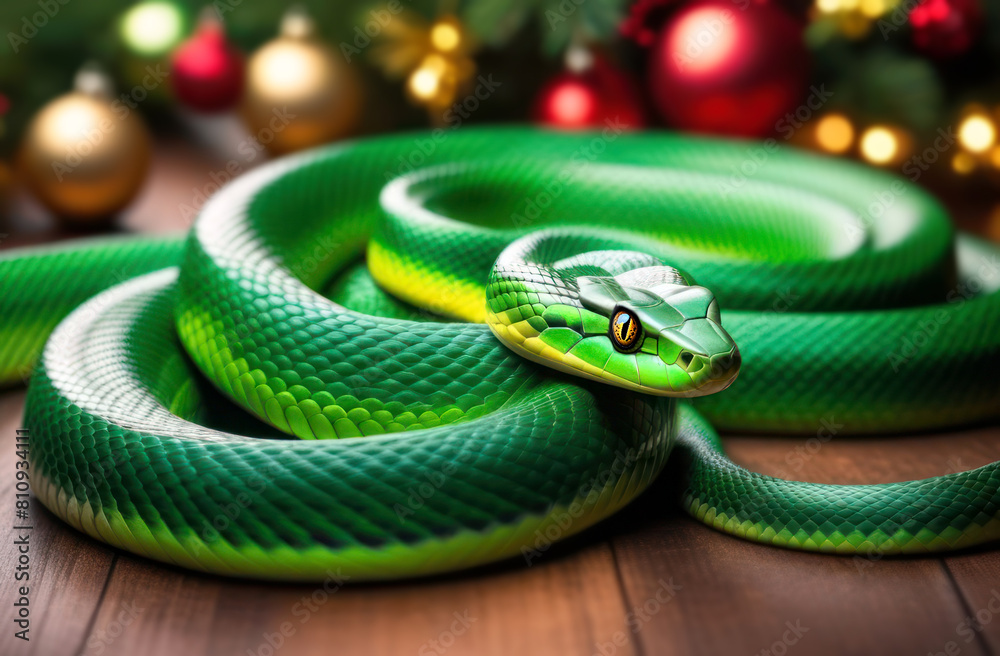 Obraz premium Illustration of a wriggling green snake with pine sprigs and blurred light will create a festive design for Christmas and New Year cards, invitations and advertisements