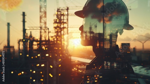 An engineer wearing a hard hat is standing in front of an industrial building. The sun is setting in the background.