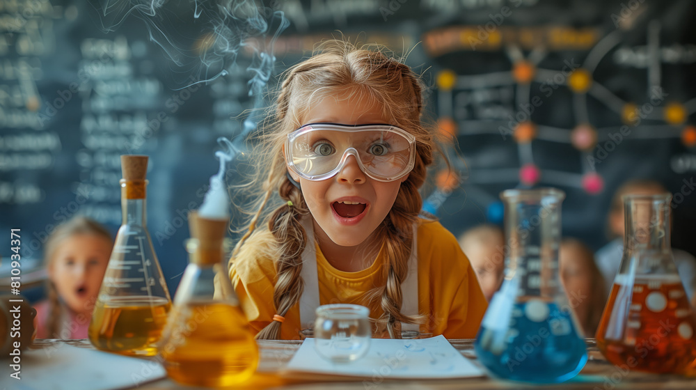 A girl with pigtails and eyeglasses is surprised by chemical experiments. In the back of her office, there is a painted board with chemical formulas. A girl with pigtails and eyeglasses is surprised by chemical experiments. In the back of her office, there is a painted board with chemical formulas.