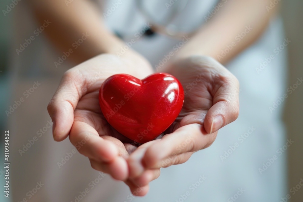 Healthcare worker shows compassion while holding red heart symbol in blurred background, symbolizing cardiology and overall wellness Healthcare worker shows compassion while holding red heart symbol in blurred background, symbolizing cardiology and overall wellness