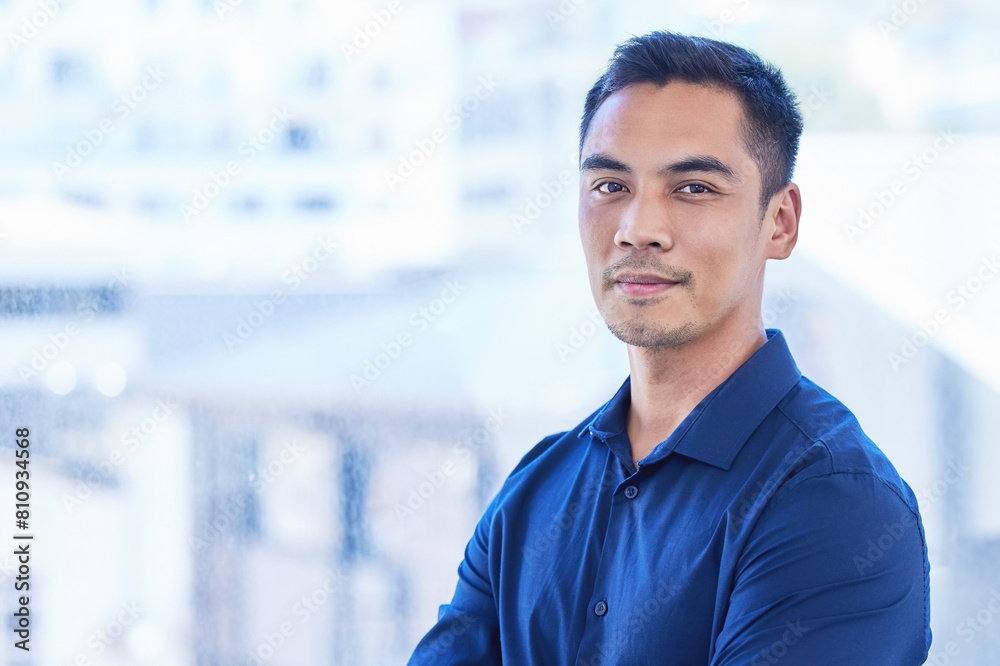 Calm, businessman and face with confidence for success in professional career with mockup space. Smile, male person or entrepreneur with pride, ambition and dedication to company startup for growth Calm, businessman and face with confidence for success in professional career with mockup space. Smile, male person or entrepreneur with pride, ambition and dedication to company startup for growth