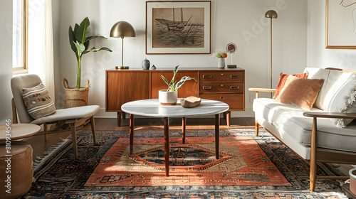 A midcentury modern living room with vintageinspired furniture, including an oak sideboard and coffee table on top of a Persian rug photo