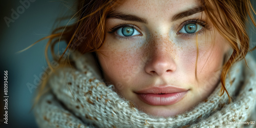 Beautiful young woman with blue eyes and freckles wearing scarf © thodonal