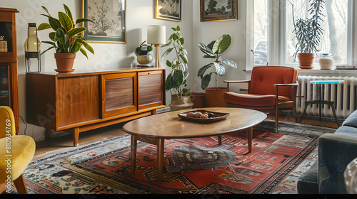 A midcentury modern living room with vintageinspired furniture, including an oak sideboard and coffee table on top of a Persian rug photo