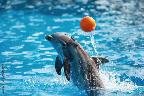 Dolphin Playing With Orange Ball in Pool