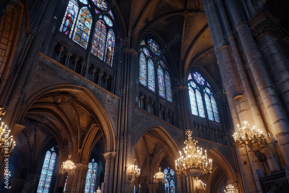 Grand Cathedral Interior With Chandeliers and Stained Glass Windows